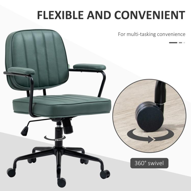 Green office chair with padded seat, armrests, and rolling casters for 360 swivel
