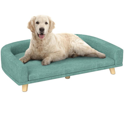Green fabric pet sofa bed with removable cushion, curved sides, and wooden legs