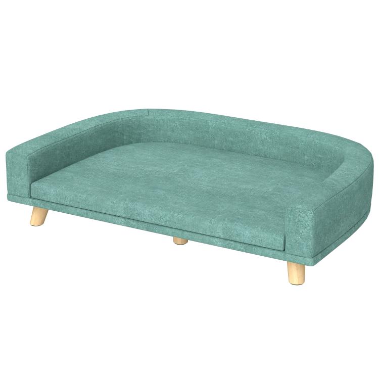 Green pet couch bed with curved back, padded base cushion, and wooden legs