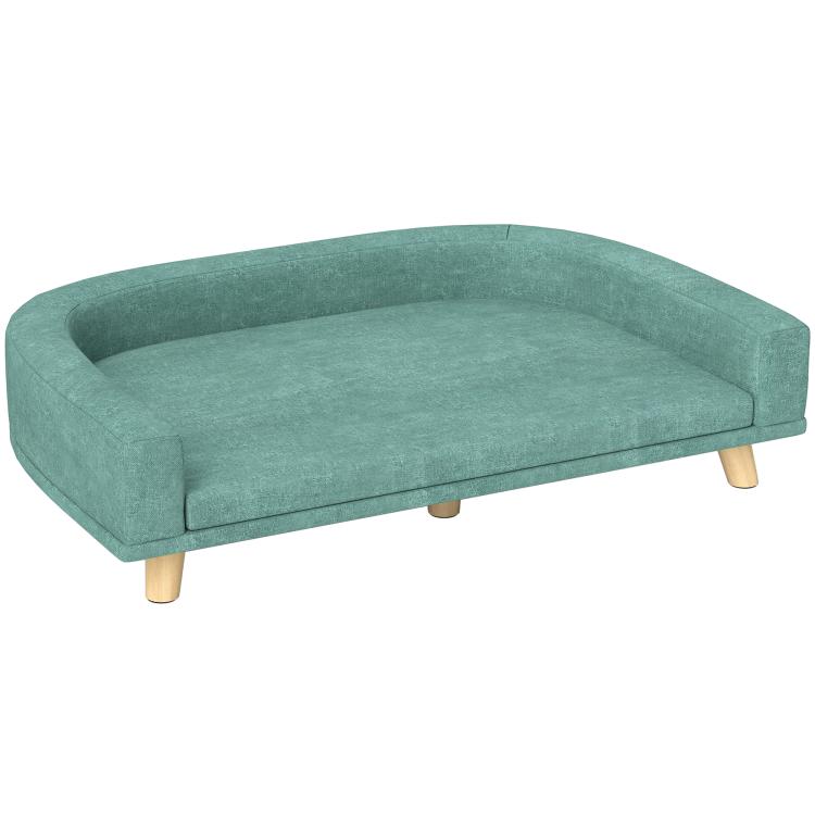 Green pet sofa bed with rounded arms, padded cushion, and wooden legs