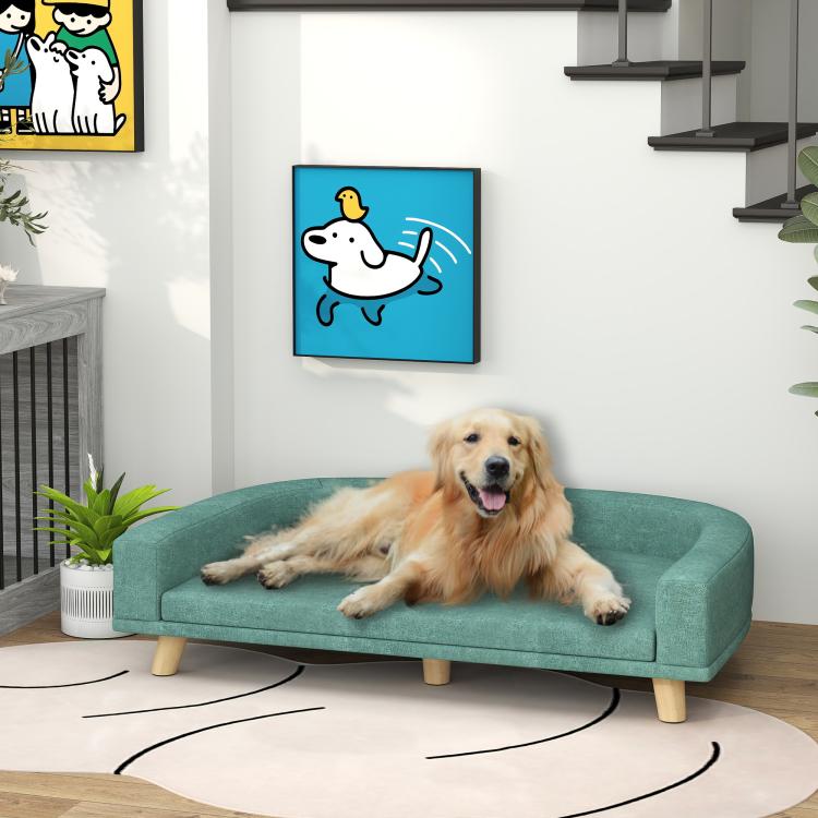 Green cushioned pet sofa couch bed with low profile and wooden legs