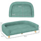 Green pet sofa bed with rounded back and seat, measured dimensions shown