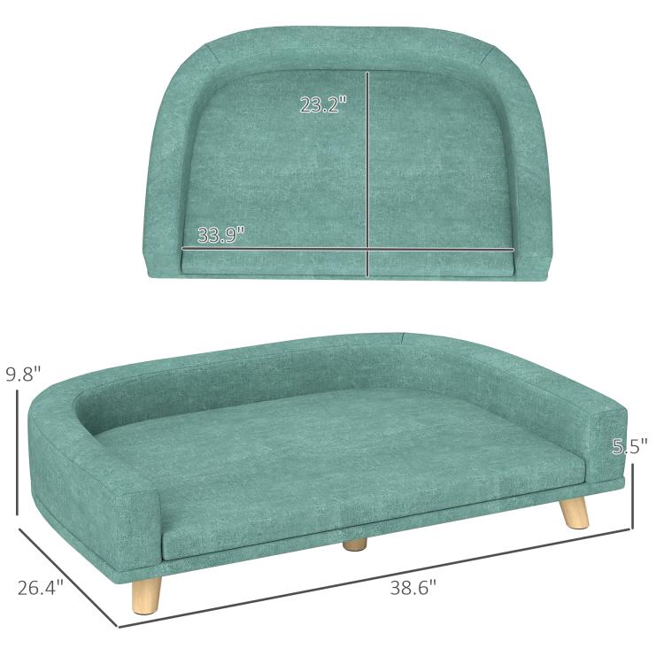 Green pet sofa bed with rounded back and seat, measured dimensions shown