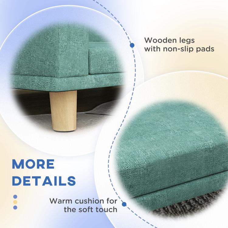 Green pet sofa bed detail showing fabric seams and wooden legs with non-slip pads