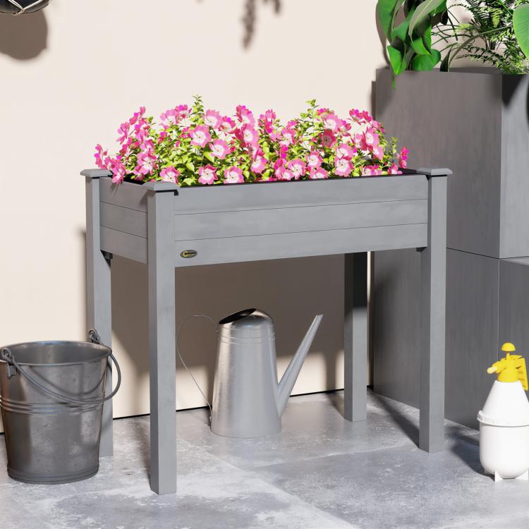 Dark gray raised wooden planter box with flowers, front opening and four legs