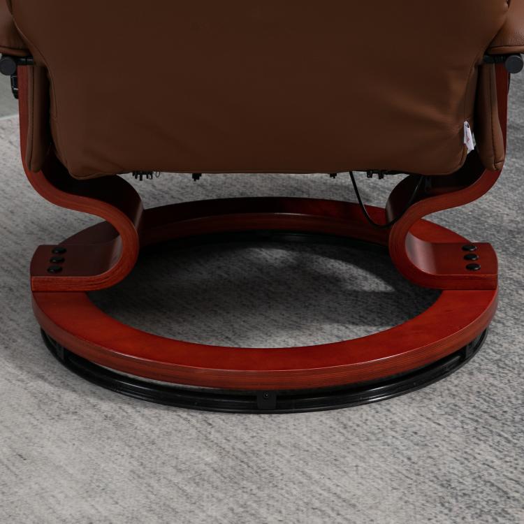 Brown leather recliner footrest and wrapped wood base, view of underside support