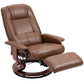 Brown leather manual swivel recliner with extended footrest and padded armrests