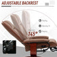 Brown recliner chair shown from side with raised backrest and foot platform