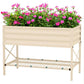 Cream metal raised garden bed on legs with bottom grid shelf, planted with pink flowers
