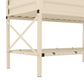 Cream metal raised garden bed with legs, front shelf, and bed liner inside