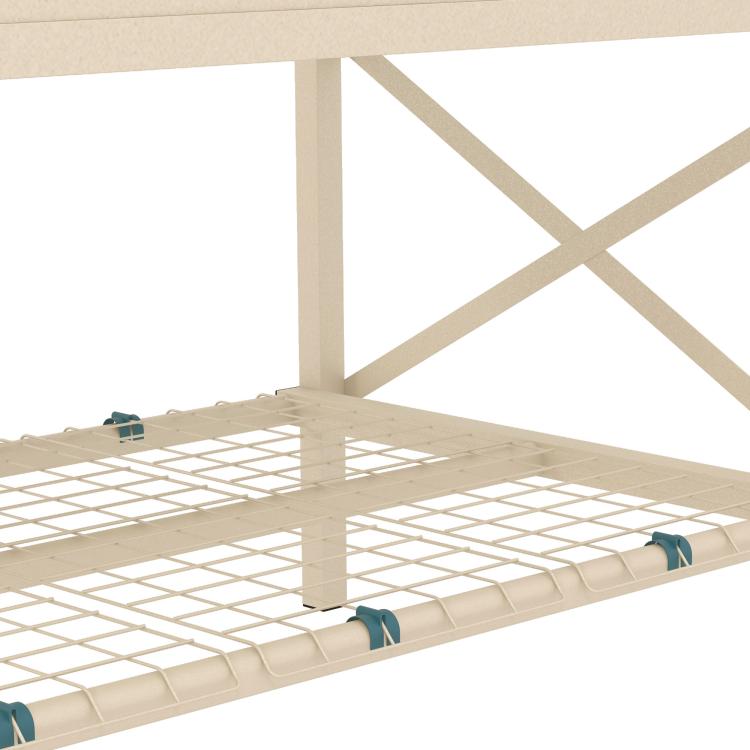 Cream metal bottom shelf grid with support legs and cross braces
