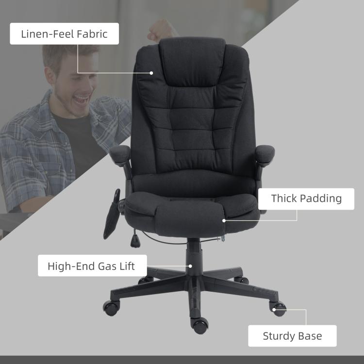 Black high-back massage office chair with padded headrest, thick cushions, gas-lift base