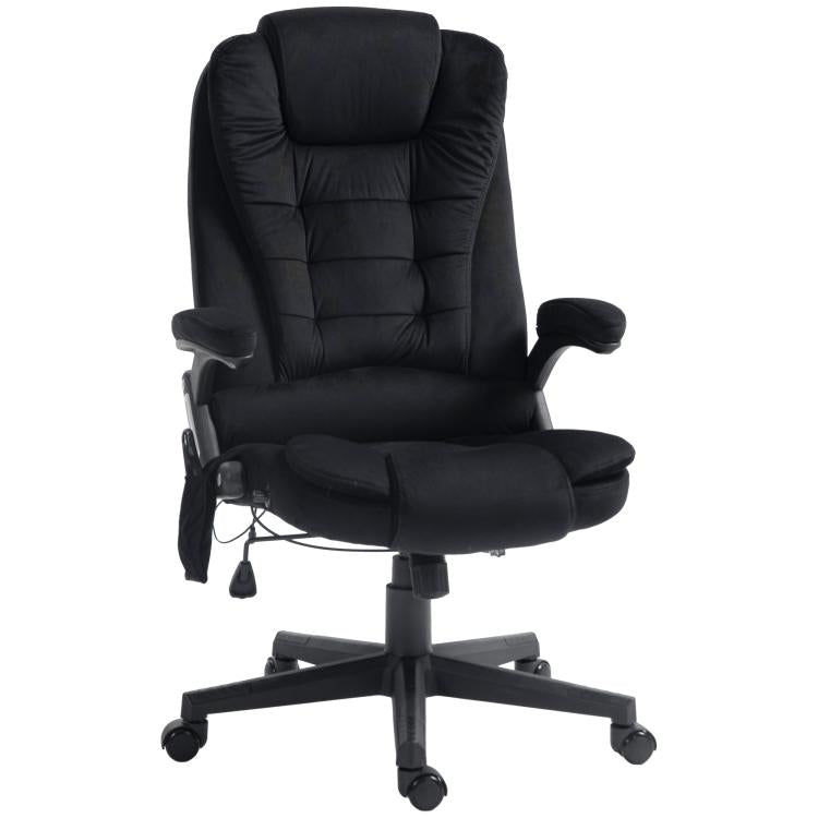 Black high-back massage office chair with padded arms, reclined back, and rolling base