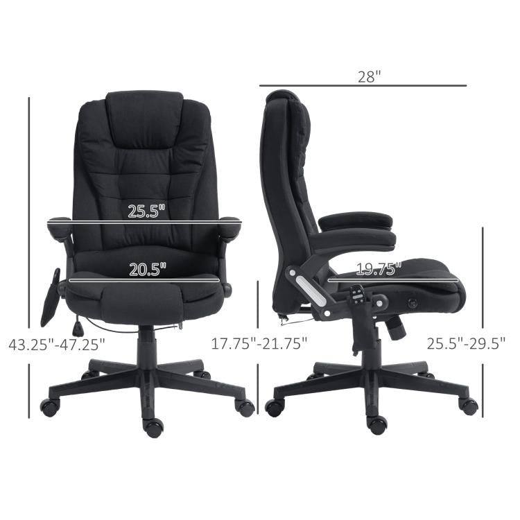 Black massage office chair side view with dimensions and adjustable leg height