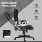 Black reclining massage office chair tilted back with padded seat and armrests