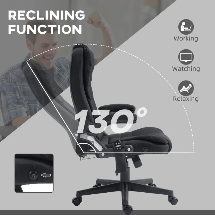 Black reclining massage office chair tilted back with padded seat and armrests