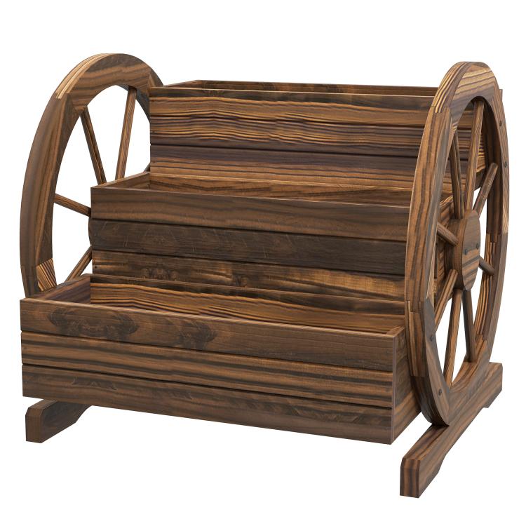 Wooden wagon-style planter box with side panels and two wheel-shaped end frames