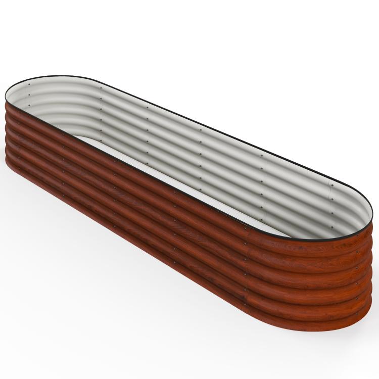 Brown ribbed metal planter bed with galvanized interior base and oval end shape