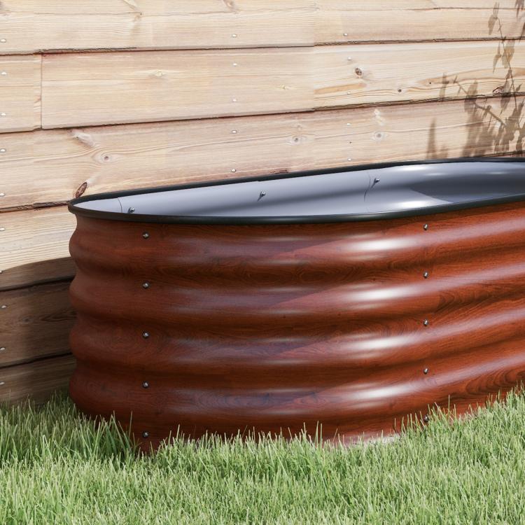 Brown metal raised garden bed with rolled safety edge and corrugated walls, outdoor