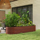 Brown metal raised garden bed with ribbed sides holding tall leafy plants