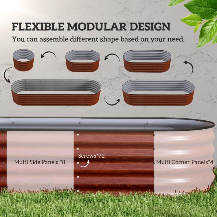 Brown and gray ribbed metal garden bed kit panels shown for flexible assembly
