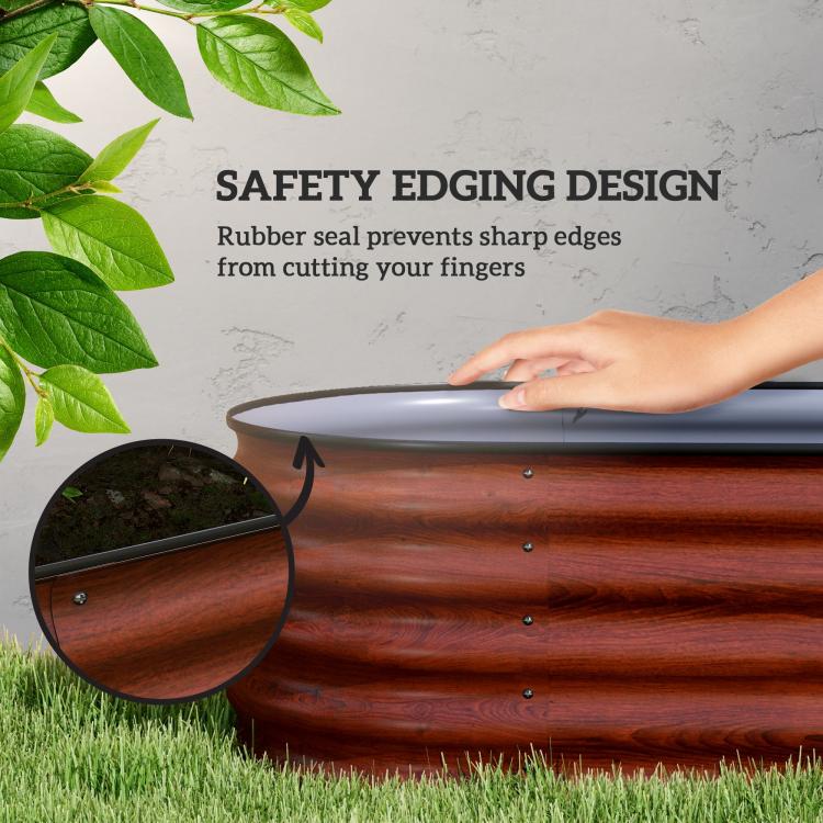 Brown metal planter bed with gray protective rim for safety edging