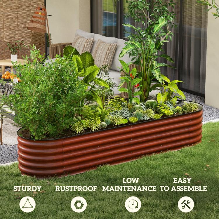 Brown metal raised garden bed with ribbed sides and dense mixed greenery