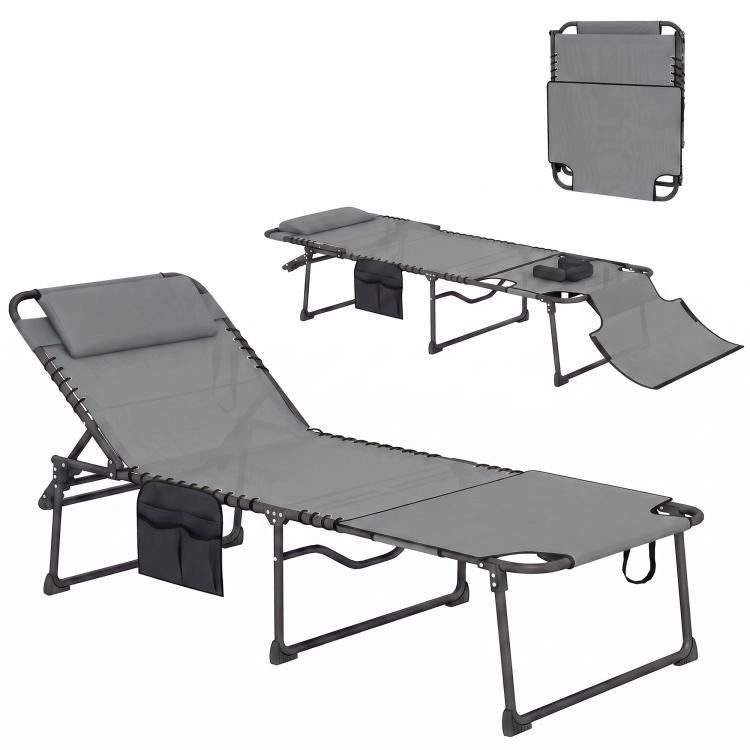 Gray folding chaise lounge chair with adjustable reclining back and headrest