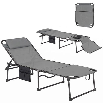 Gray folding chaise lounge chair with adjustable reclining back and headrest