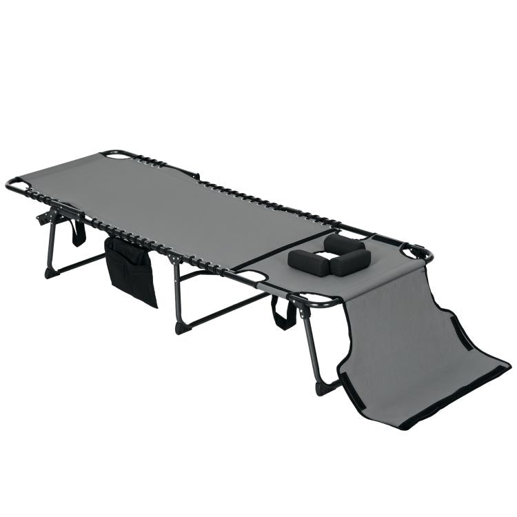 Gray folding chaise lounge chair with extended leg support and side pocket