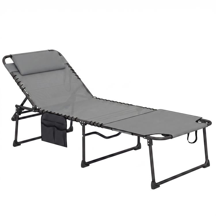 Gray folding lounge chair with 5-level recline, padded headrest, and side pocket
