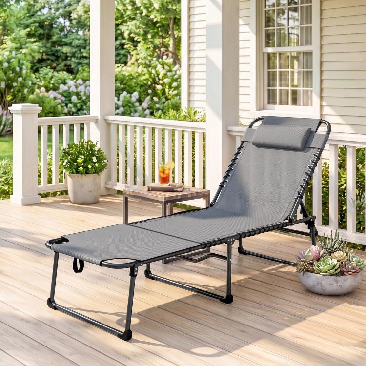 Gray folding chaise lounge chair with mesh seat, adjustable reclining backrest