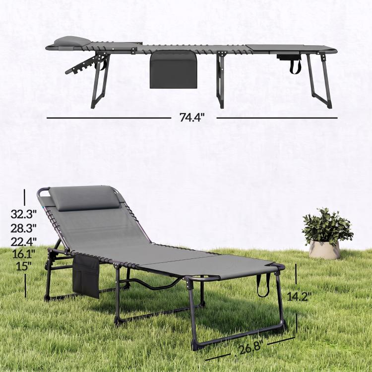 Gray folding chaise lounge chair with five-step reclining and face-hole cover