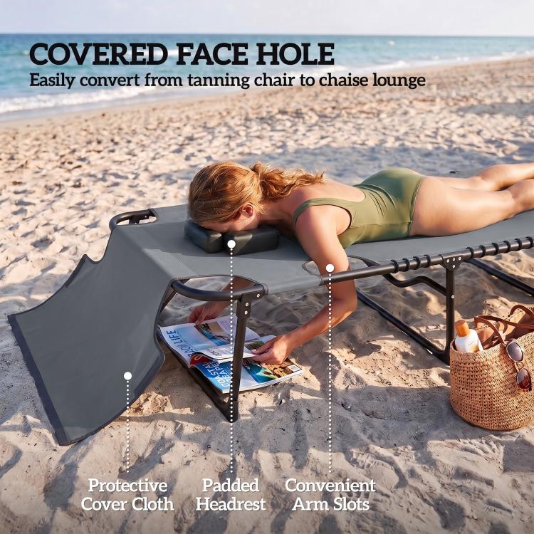 Gray chaise lounge with padded headrest and covered face opening