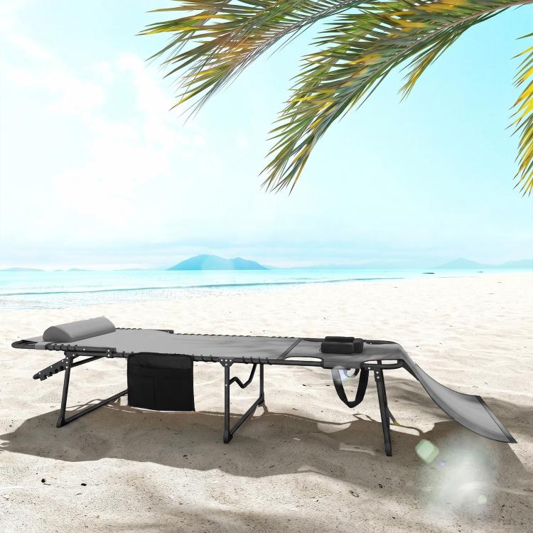 Gray folding chaise lounge chair with side pocket and hanging face-cover flap