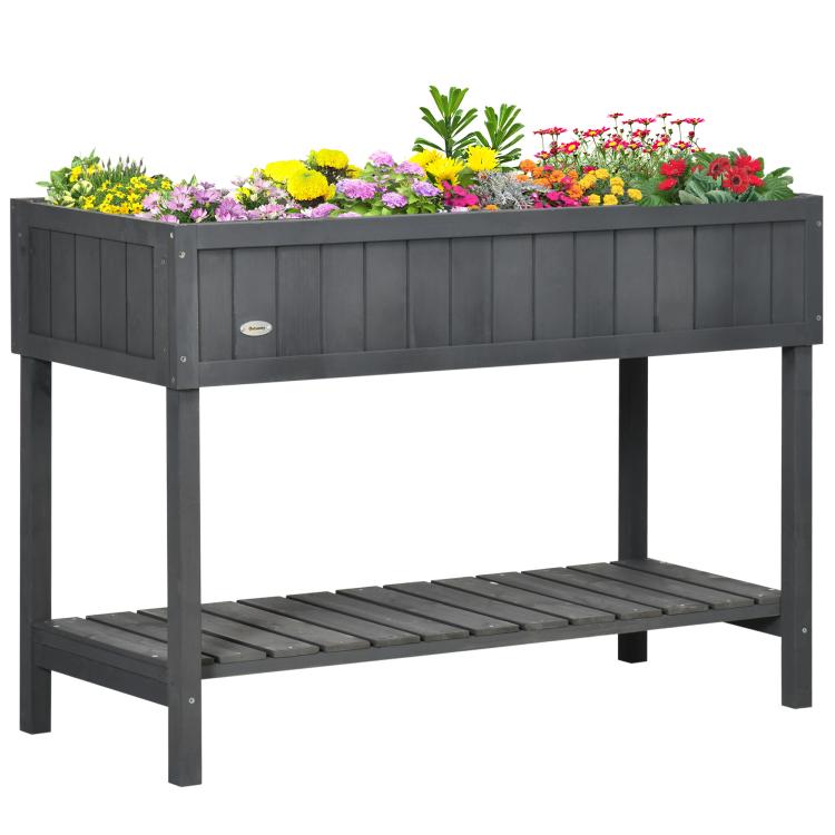 Dark gray raised garden bed with open lower shelf and upright support legs