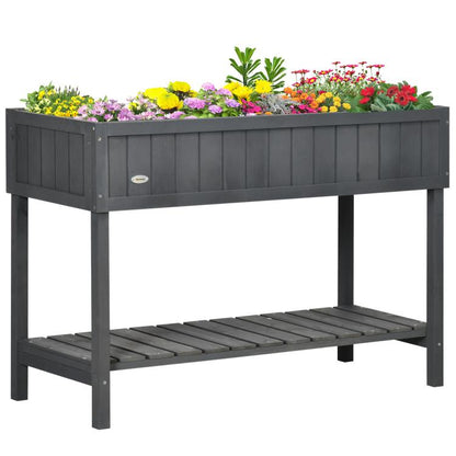 Dark gray raised garden bed with open lower shelf and upright support legs