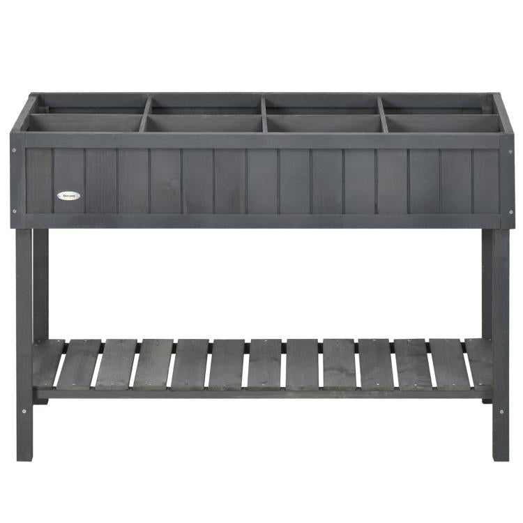 Dark gray elevated planter box with slotted interior partitions and open bottom shelf