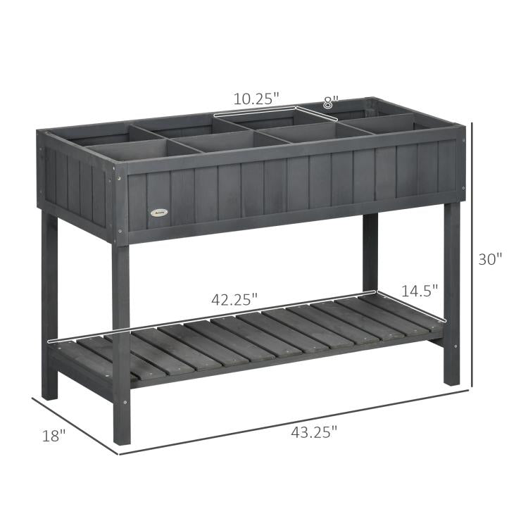 Dark gray raised planter box with two-tier design and long bottom support rack