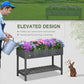Dark gray elevated garden planter bed with open lower shelf and raised legs