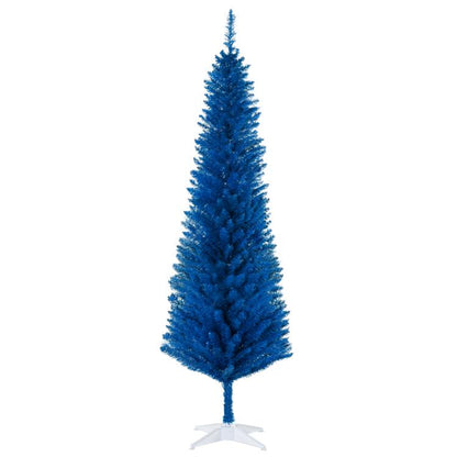 Blue pencil Christmas tree with dense needle tips and white plastic stand