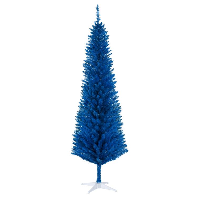 Blue decorated pencil Christmas tree with white plastic base