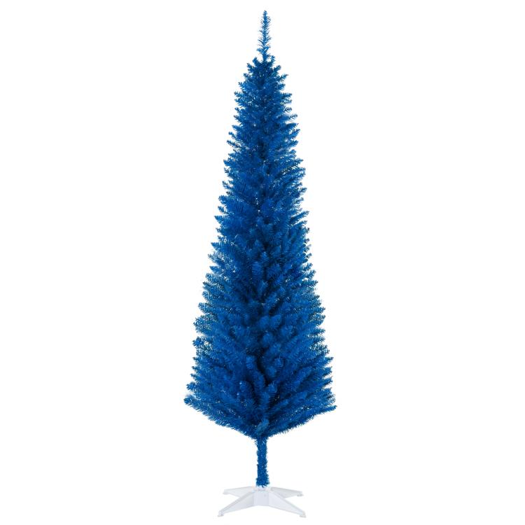Blue 6 ft pencil Christmas tree with realistic tips and plastic stand