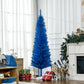 Tall blue pencil Christmas tree standing with white plastic base indoors