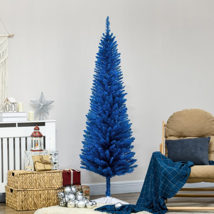 Blue pencil Christmas tree with full, narrow silhouette and white star-shaped base