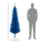 Blue 6 ft pencil Christmas tree with white plastic base, size shown