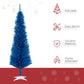 Blue pencil Christmas tree on white plastic stand, with dense branch silhouette