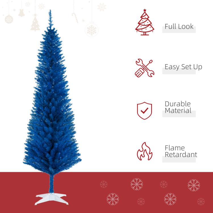 Blue pencil Christmas tree on white plastic stand, with dense branch silhouette