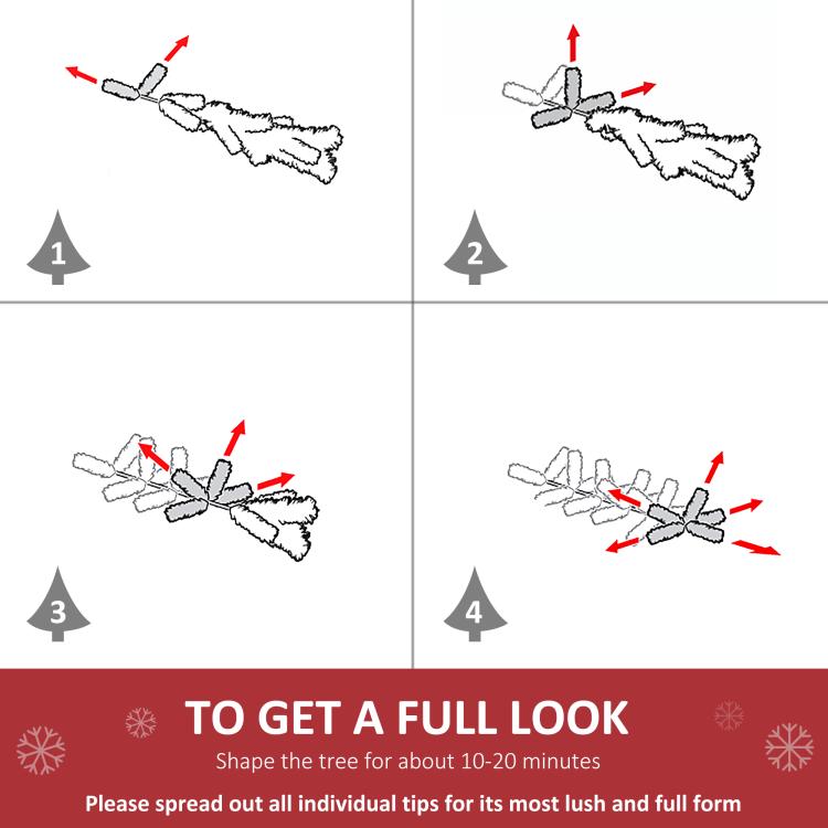 Blue pencil Christmas tree set-up steps showing branches spreading instructions