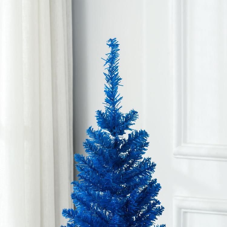 Blue pencil Christmas tree with layered branches on white plastic base